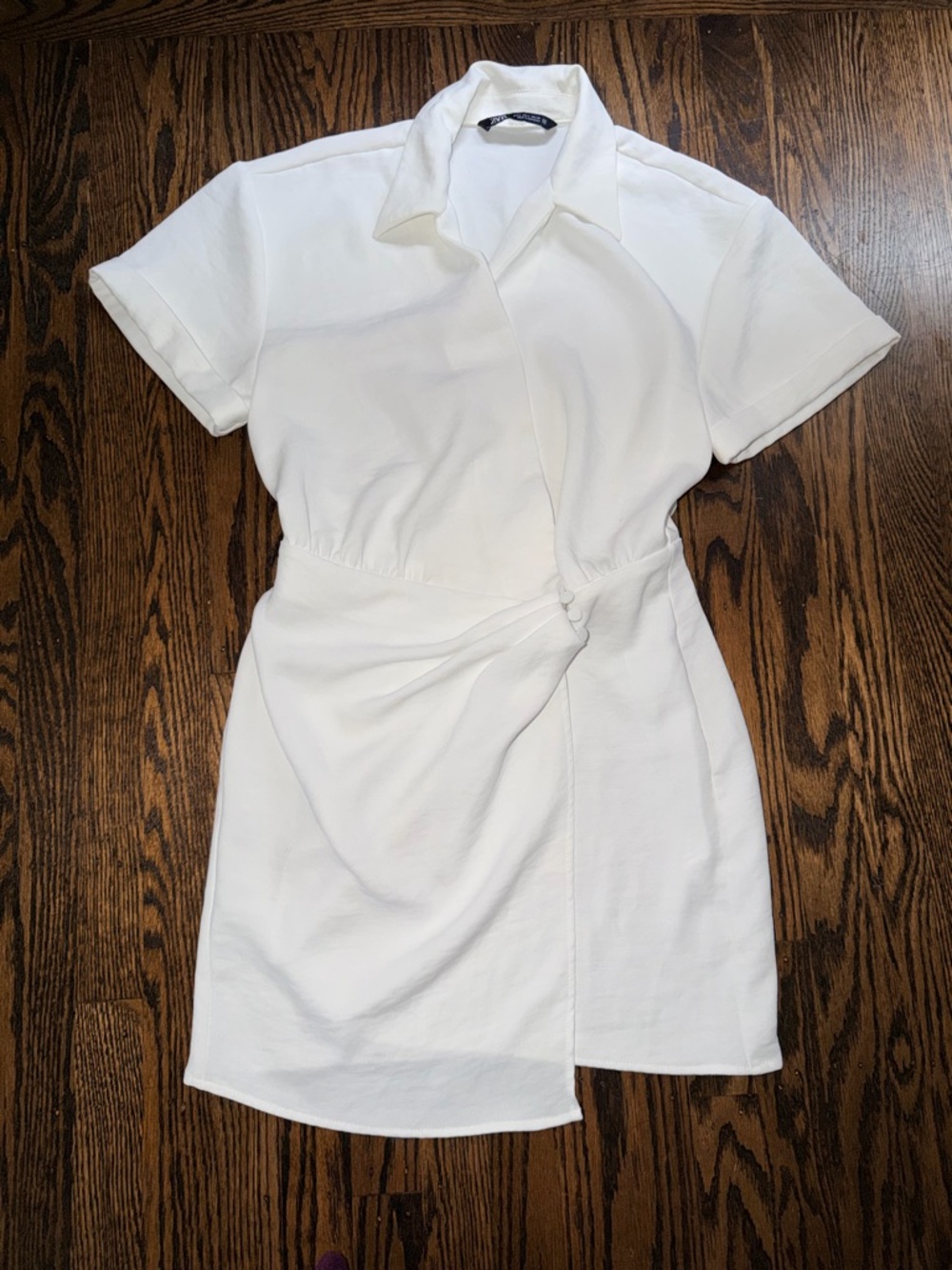 Zara White Short Sleeve Knot-Waist Mini Dress small